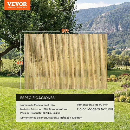 Vista 8 de VEVOR Valla de bambú enrollada natural, pantalla de privacidad ecológica – 4 pies de alto x 6 pies de largo x 0.75 pulgadas de profundidad