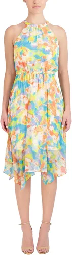 Vista 4 de BCBGeneration Vestido midi ajustado y acampanado con cuello halter elástico y dobladillo asimétrico