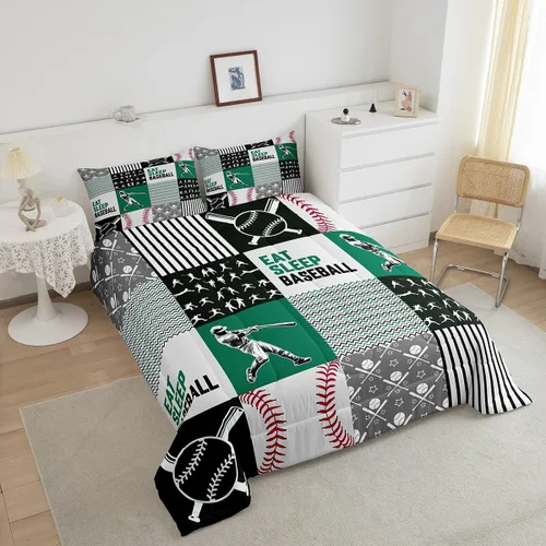 Vista 3 de Erosebridal Ropa de cama de béisbol tamaño matrimonial, juego de edredón de jugador de béisbol para adolescentes y adultos, edredón de retazos con 2
