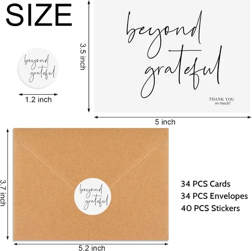 Vista 2 de Joyberg Tarjetas de agradecimiento con sobres, 34 unidades, Beyond Grateful de 3.5 x 5 pulgadas, tarjetas de agradecimiento de boda con sobres