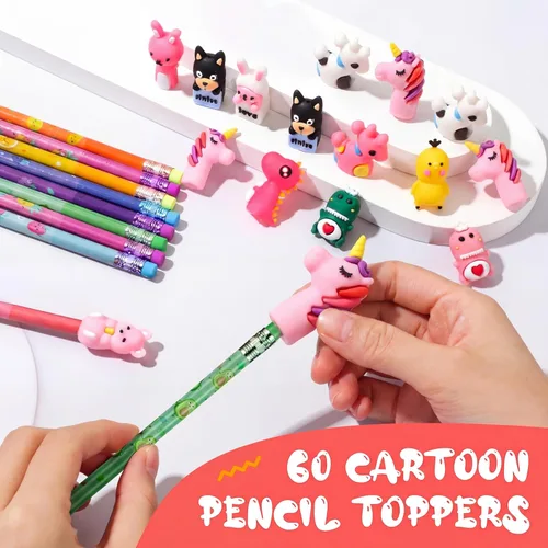 Vista 2 de Thenshop 30 lápices perfumados para niños, lápices de grafito HB con aroma a frutas, a granel con 30 adornos de dibujos animados, lindos bolígrafos