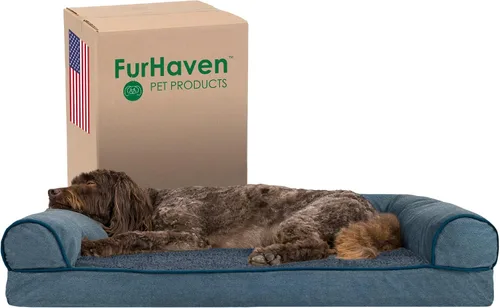 Vista 24 de Furhaven Cama para perro, de espuma viscoelástica, estilo sofá, Sherpa y chenilla, crema, M