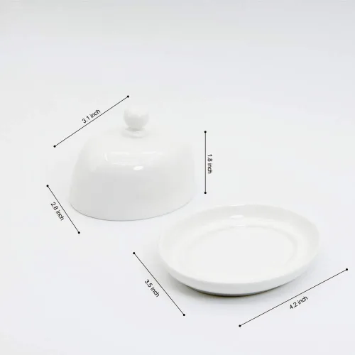 Vista 4 de NAGU Mini plato de mantequilla ovalado con tapa, plato de queso blanco con forma de procelain abovedado con asa, bandeja de mantequilla pequeña