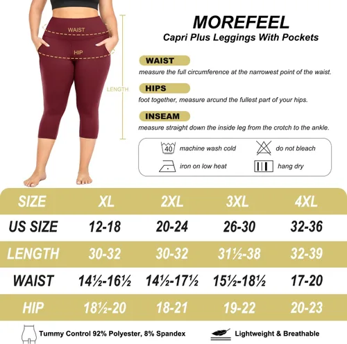 Vista 6 de MOREFEEL Leggings capri de talla grande para mujer con bolsillos, elásticos XL-4XL, control de abdomen, cintura alta, pantalones de yoga negros