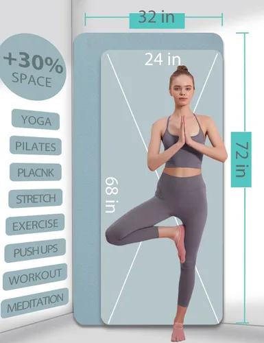 Vista 2 de Esterilla de yoga de doble cara antideslizante, 1,83 m x 81 cm x 7 mm - Esterilla de yoga extra ancha y gruesa para mujeres, hombres y niños