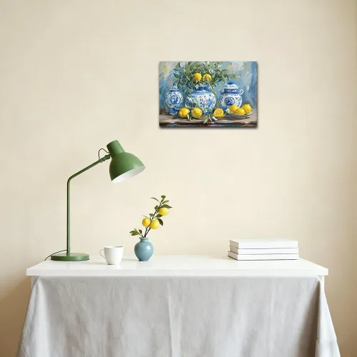 Vista 4 de SWQYLB Arte de pared de limón para cocina, cuadro vintage de frutas cítricas, impresiones en lienzo amarillo limón con cerámica azul, pintura