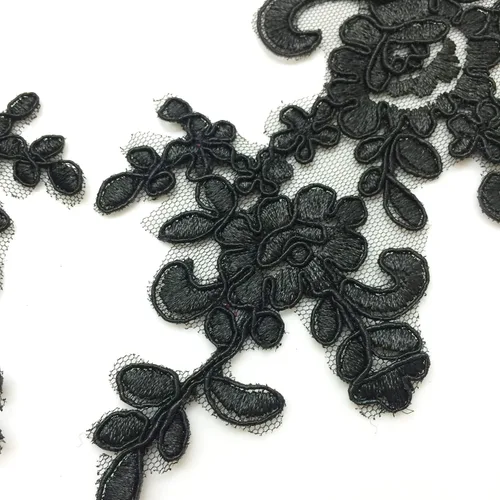Vista 3 de PEPPERLONELY 1 par de parches de tela de encaje fino bordados adornos apliques decoración de vestido, negro, 10 x 6 pulgadas