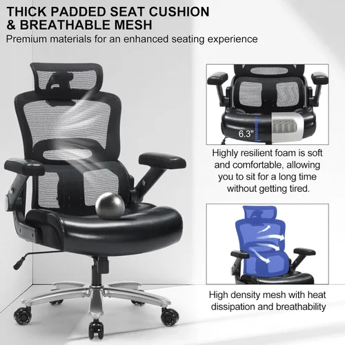 Vista 8 de Silla de oficina ergonómica resistente de 500 libras, silla de escritorio grande y alta con soporte lumbar ajustable, reposacabezas 3D, respaldo
