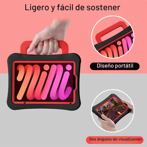 Vista 3 de Funda para Niños para iPad mini 7 (A17 Pro) 2024/iPad Mini6 2021, Peso Ligero Resistente/A Prueba de Golpes/A Prueba de Caídas con Asa/Soporte Negro