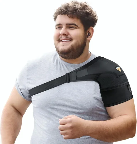 Vista 20 de FIGHTECH Soporte de hombro para manguito rotador desgarrado para hombres y mujeres - Soporte y alivio del dolor (Negro, Extra Pequeño)