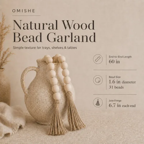 Vista 115 de OMISHE Guirnalda de cuentas de madera extra grande con cuentas de madera y borlas de 1.6 pulgadas de diámetro, cuentas decorativas rústicas de 41