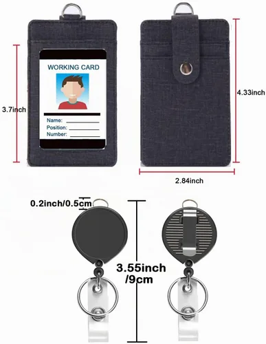 Vista 4 de AMUU Cordón de nylon negro para el cuello con soporte vertical de cuero PU para tarjetas de identificación y carrete retráctil, cordón, para llaves