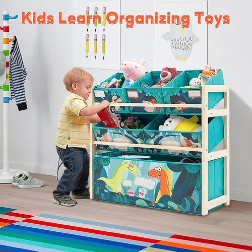 Vista 7 de Jomifin Organizador de almacenamiento de juguetes para niños con 6 cubos grandes de almacenamiento para juguetes, estante de juguetes de madera