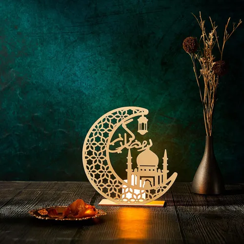 Vista 5 de Honoson Eid Crafts - Luz nocturna de Ramadán Mubarak, decoración en forma de luna de madera 3D, lámpara de Ramadán Mubarak, adornos Eid