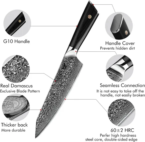 Vista 2 de ONEONTA Cuchillo de chef japonés de 8 pulgadas, cuchillo de cocina de Damasco profesional, acero japonés AUS-10V, mango G10, 67 capas