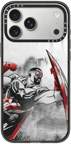 Vista 22 de CASETiFY Impact - Funda para iPhone 13 Mini [Marvel Colab / protección contra caídas de 8.2 pies/Magsafe] - Capitán América VS - Negro transparente
