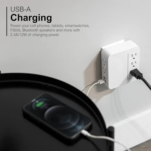 Vista 6 de GE Protector SurGE giratorio Pro de acceso lateral, extensor de 5 salidas con 2 puertos USB, adaptador de grifo de pared, estación de carga, 3