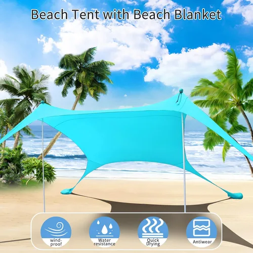 Vista 2 de Tienda de campaña de playa de 77 pies con protección UV UPF50+, toldo al aire libre con 2 postes para camping, pesca, patio trasero y pícnics