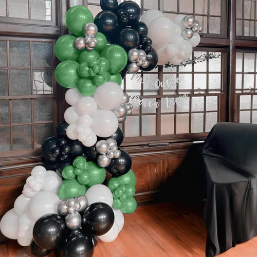 Vista 5 de Globos verdes y negros, globos metálicos de 12 pulgadas, color plateado, verde, arena, blanco y negro, globos de fiesta de fútbol, helio, globos