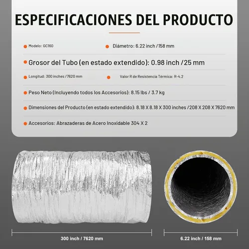 Vista 7 de VEVOR - Conducto flexible aislado de 6 pulgadas x 25 pies R-4.2, manguera HVAC de 3 capas de eficiencia energética con 2 abrazaderas para conductos