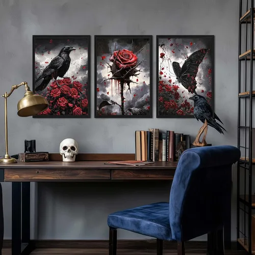 Vista 4 de Lienzo de pared de Halloween con marco de madera gótica para sala de estar, juego de 3 impresiones románticas de cuervo y mariposa, decoración