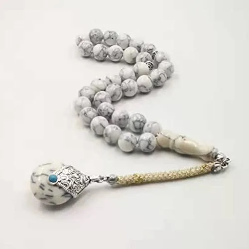 Vista 6 de Tasbih - 33 cuentas de oración musulmana con piedra turquesa blanca, rosario islámico, regalo (0.315 in x 33 cuentas)