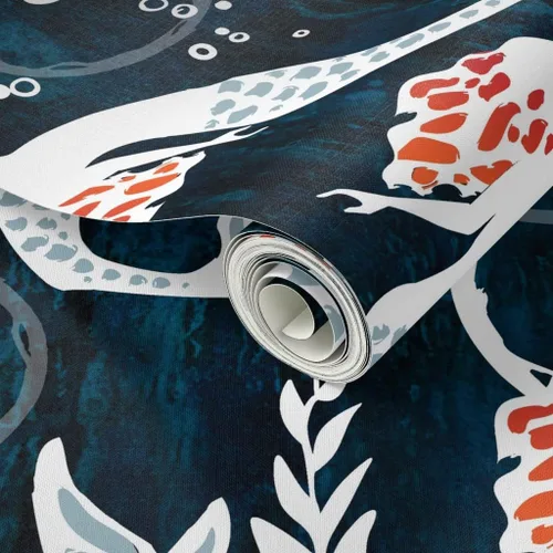 Vista 2 de Papel tapiz para despegar y pegar – Acuarela Sirena Natación Azul Marino Algas Coral Sirena Papel pintado extraíble personalizado por Spoonflower
