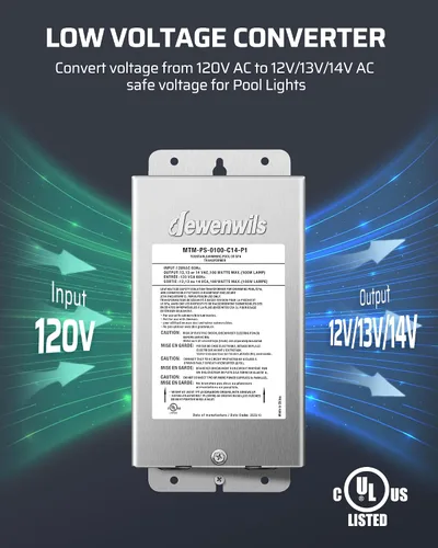Vista 3 de DEWENWILS Transformador de Luz de Piscina de Bajo Voltaje de 100W, 120V AC a 12V/13V/14V AC, Transformador de Seguridad Multi-tap para Iluminación
