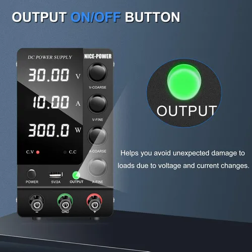 Vista 3 de NICE-POWER Fuente de alimentación CC variable 30V 10A, fuente de alimentación de banco de CC regulada de conmutación ajustable con interruptor