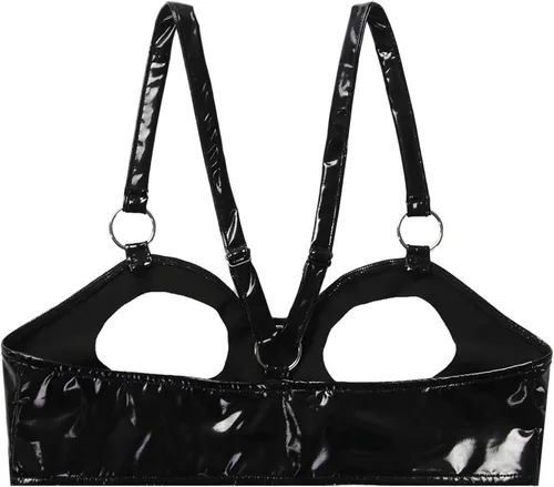 Vista 6 de easyforever Arnés de charol para mujer, cadenas de brasier, brasier de pecho descubierto con aros, brasier de estante push up