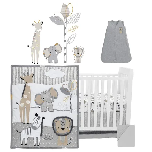 Vista 2 de Lambs & Ivy Jungle Safari - Juego de ropa de cama para cuna de bebé de 6 piezas, color gris/bronceado/blanco