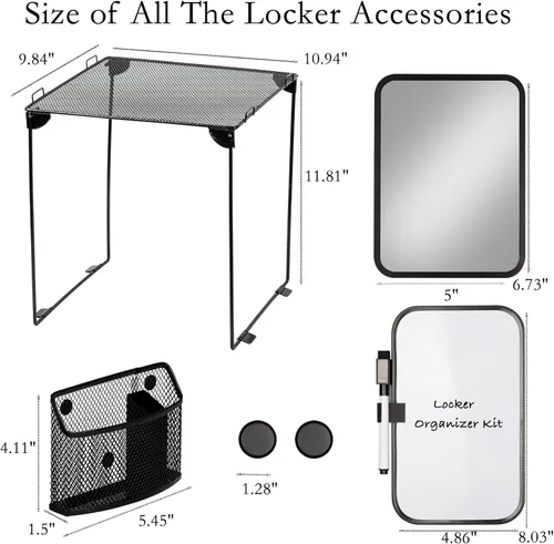 Vista 3 de Svartur Kit organizador de casillero negro con estante, estante, espejo, soporte para bolígrafos, pizarra blanca, artículos esenciales