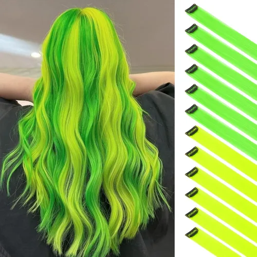Vista 13 de FESHFEN Juego de 12 extensiones de cabello con clip, color negro, con clip, con purpurina, kit de accesorios coloridos para mujeres, de 20 pulgadas