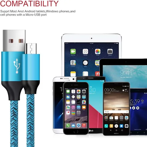 Vista 7 de Paquete de 2 cables micro USB para Android de carga rápida, compatibles con Samsung Galaxy S7 S6 Edge/Active, J8 J7 J3 V, Moto E5 G5 G6 Play