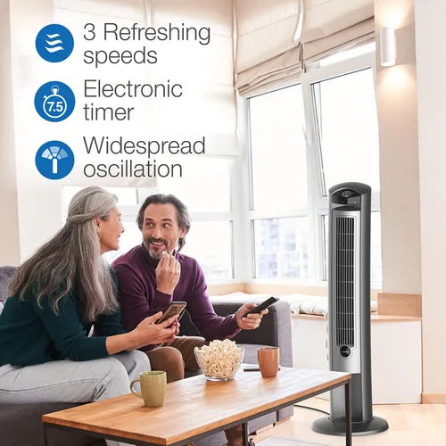 Vista 4 de Lasko 2551 - Ventilador eléctrico portátil de torre oscilante de 42 pulgadas con ionizador de aire fresco, temporizador y control remoto