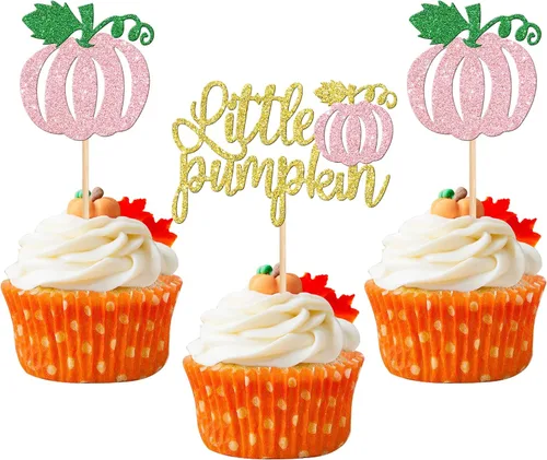 Vista 24 de 24 piezas de decoración de calabaza para cupcakes con purpurina temática de otoño, decoración de pasteles con temática de calabaza, cumpleaños