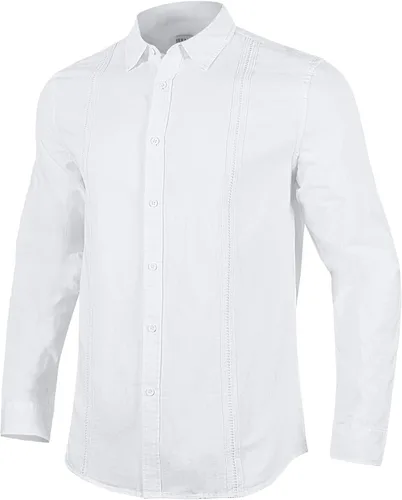 Vista 3 de JEKAOYI Camisas de lino con botones para hombre, estilo casual, manga larga, ajuste regular, de algodón, camisas de playa con bolsillo