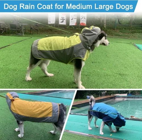 Vista 4 de Impermeable para perro, chaqueta impermeable para perro, chaqueta reflectante para perro con capucha, poncho ligero para perro, abrigo de lluvia Azul
