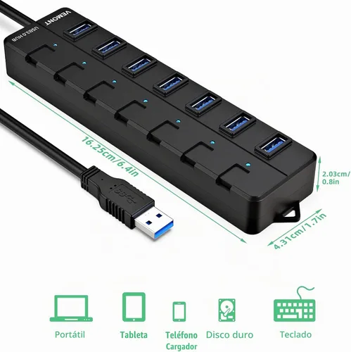 Vista 7 de Concentrador USB, concentrador USB 3.0 de 7 puertos, divisor USB VEMONT con interruptores y luces individuales de encendido/apagado, cable largo USB