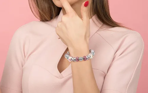Vista 4 de Savlano Silver Tone Charm Bracelet with Crystal and Murano Glass Beads Snake Chain for Women Comes in a Gift Box