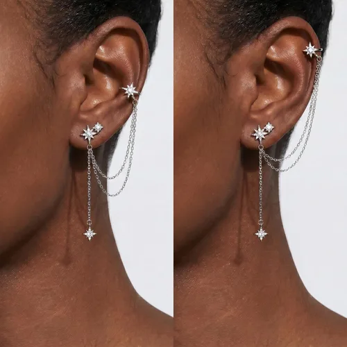Vista 2 de SLUYNZ Aretes de plata de ley 925 con diseño de estrella para mujer, aretes envolventes Un pendiente (izquierda) - A-plata