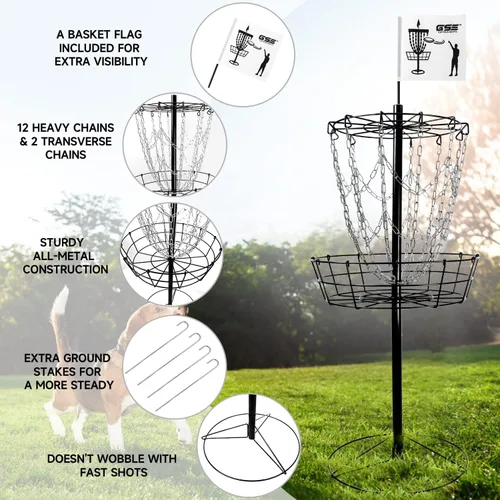 Vista 4 de GSE Portable 12-Chain Disc Golf Basket, Regulation-Size Goal Target PDGA-standard disc golf basket with 12 Lightweight chains, all-metal