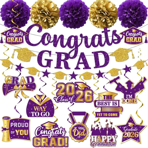 Vista 10 de Decoraciones de graduación 2026, pancarta de felicitaciones con purpurina, espirales colgantes y pompones de tela, decoraciones de graduación negras