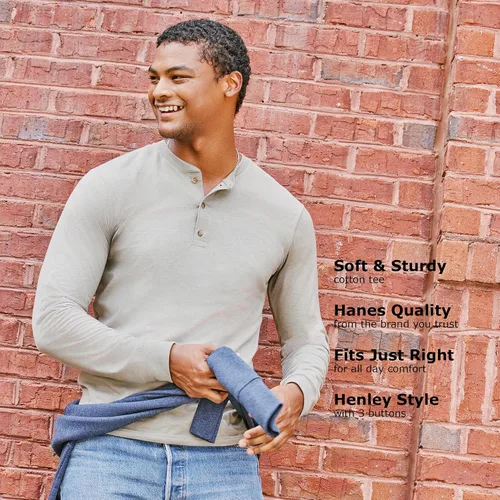 Vista 4 de Hanes Beefy-T - Camisetas de algodón para hombre, con cuello henley y manga larga
