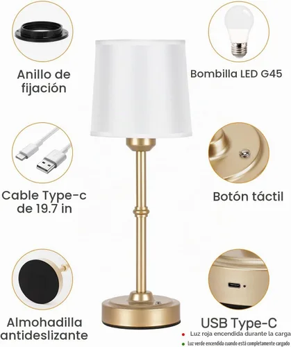 Vista 7 de Yogaret Lámpara de mesa inalámbrica LED dorada recargable, 6000 mAh, funciona con pilas, lámparas inalámbricas para sala de estar, restaurante