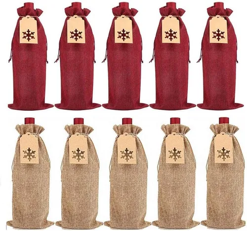 Vista 8 de LOKIPA Bolsas de regalo de vino de arpillera, 12 bolsas para botellas de vino de yute con cordón, fundas reutilizables para botellas de vino