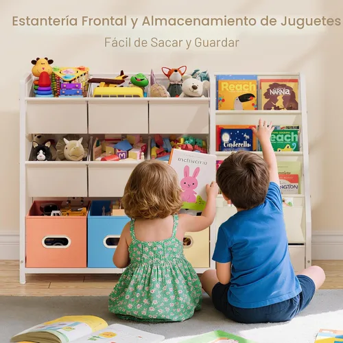Vista 3 de HAVLOTII Organizador de almacenamiento de juguetes, estantería para niños y almacenamiento de juguetes con 3 estantes para libros y 10 contenedores