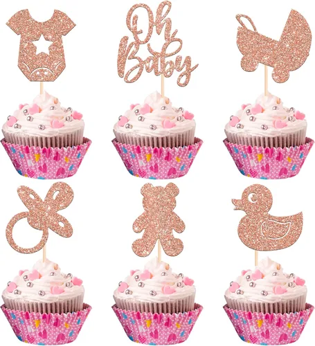 Vista 29 de 24 piezas Oh Baby Cupcake Toppers Glitter Baby Shower Cupcake Picks Reveal Género Decoración de Pasteles para Baby Shower Niños Niñas Fiesta de Azul