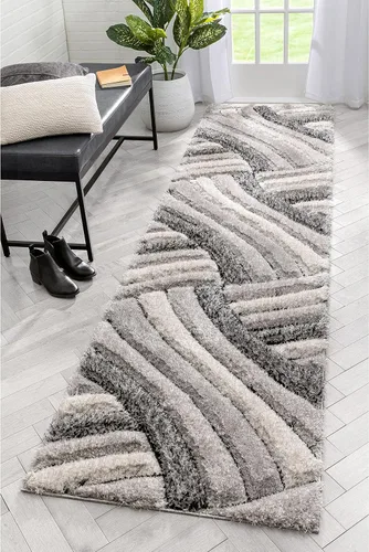 Vista 14 de Tapete peludo de felpa suave con textura en 3D, diseño de rayas geométricas, color azul y gris, grueso y suave