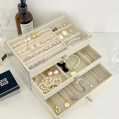 Vista 7 de EYUSEVS Organizador de joyas acrílico a prueba de polvo, caja de joyería transparente, caja de joyería con tres delicados cajones de terciopelo
